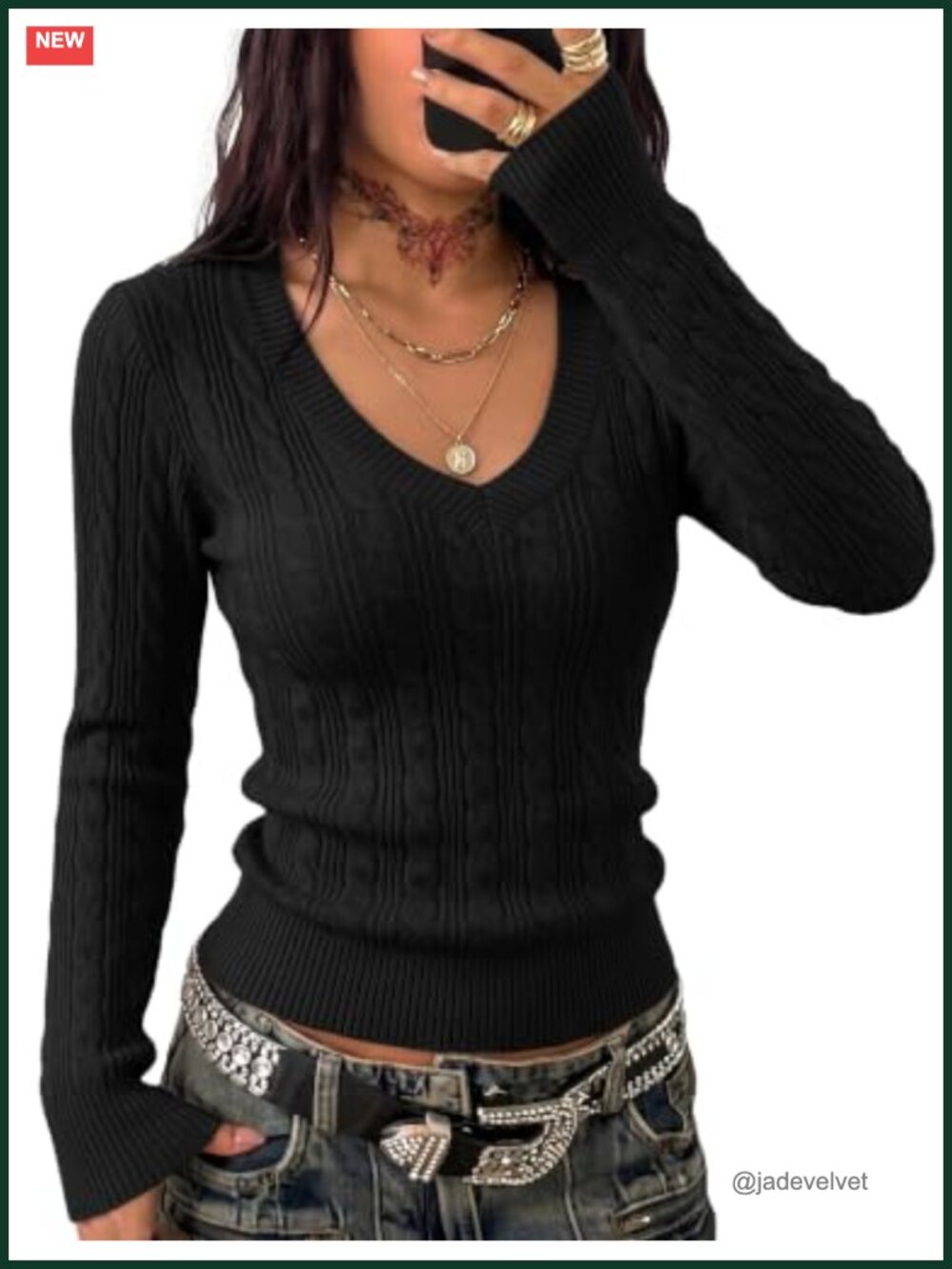 Women's Cable Knit V-Neck Long Sleeve Slim Fit Pullover Sweater